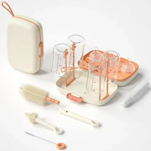 7in1 Travel Bottle Cleaner kit,Baby Essentials, with Bottle Brush、Nipple Brush、Straw Cleaner Brush、Soap Dispenser、Bottle Drying Rack、Drainage Tray、Storage Box,Baby Travel Essential (White)
