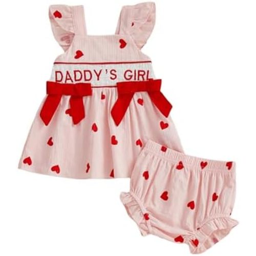 Adobabirl Baby Girl Valentines Day Outfit Daddys Girl Embroidery Ruffle Sleeve Tank Tops Love Heart Bloomer Shorts Set