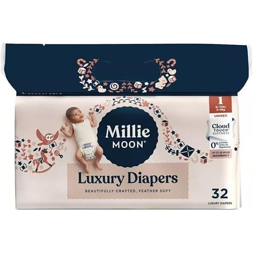 Millie Moon Luxury Diapers, Size 1, 32 Count, Cloud Touch Softness, 12 Hour Absorbency, Unisex
