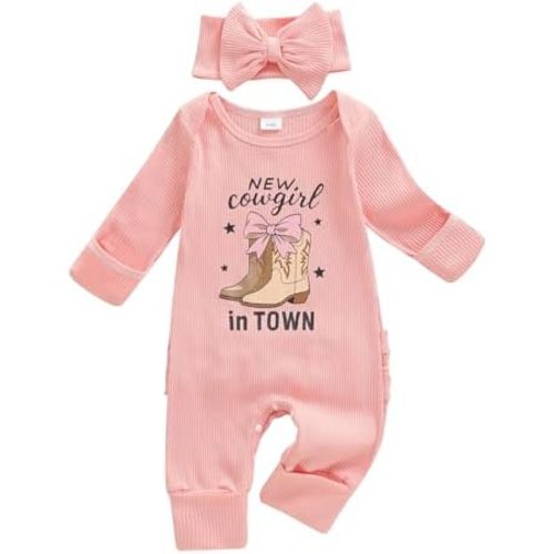 FYBITBO Baby Girl Newborn Clothes Western Outfit Long Sleeve Cowgirl Onesie Romper Knit Jumpsuit Infant Fall Winter Outfits