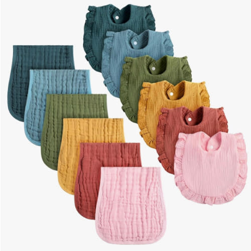 Newcotte 12 Pcs Baby Muslin Bibs and Burp Cloths Set Cotton Absorbent Baby Bibs Burping Cloths for Toddler Unisex Girls Boys Soft Adjustable Drooling for Newborn Teething