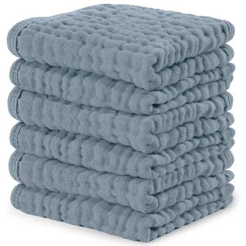 Comfy Cubs Muslin Baby Washcloths 6 Pack - Soft Large 10"x10" 6-Layer Absorbent Cotton - Pacific Blue