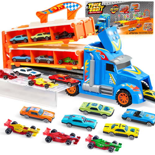 Joyfy Semi Carrier Truck with Lights & Sounds for Kids, 12 Die-Cast Metal Toy Play Vehicle with 60" Extra Long Race Track, Great Christmas Birthday Gift for Boy 2 3 4 5 6 7