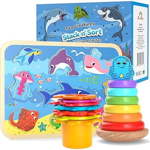 CoolToys Stack n’ Sort Toddler and Baby Learning Toys Set - 3 Fine Motor Skills Educational Toys for Toddlers, Wooden Stacking Rings, Stacking & Nesting Cups, Wooden Baby Puzzle, Ocean Theme