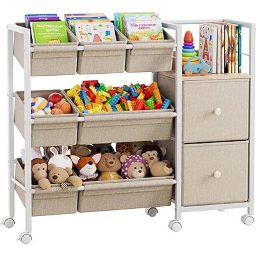 Kids Toy Organizers and Storage Bins - 7 Storage Bins + 2 Fabric Drawers + 1 Bookshelf, Playroom Storage, Mobile Cart Organizer for Toy, Clothes, Blankets and Books - Off White