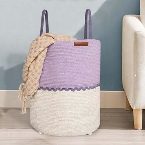 Folkulture Laundry Basket | 70L Laundry Hamper | 100% Cotton | Foldable | Tall Woven Rope Basket with Levelers & Sturdy Handles | Large Dirty Clothes Hamper | Baby, Kids Nursery Hamper for Storage