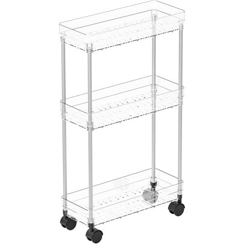 Yieach Clear 3 Tier Slim Rolling Storage Cart with Wheels,6.3″W Thin Shelf,Bathroom Storage Cabinet,Skinny Laundry Cart,Narrow Laundry Room Cart Between Washer and Dryer,Skinny Shelves for Small Space