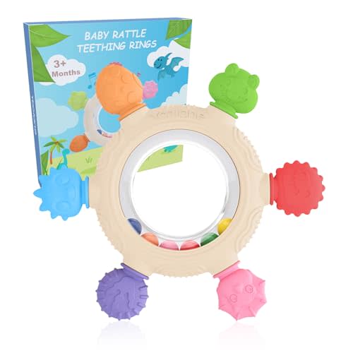 Baby Teething Toys, Silicone Teether for Babies 3 6 12 18 Months, Dinosaur Baby Teething Ring Rattle Teether Sensory Chew Toys for Toddler Infant, Newborn Stuff Essential Gift, BPA Free