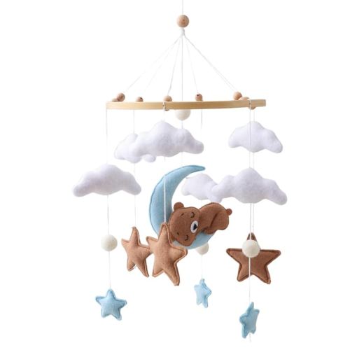 Sleeping Bear Crib Mobile Handmade Soothing Bedtime Nursery Decor for Boys and Girls Felt Night Mood Crib Mobile Easy to Assemble and Durable Gift (Blue Sleeping Bear)