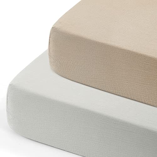 GRSSDER Soft Muslin Crib Sheet 2 Pack, 100% Cotton Crib Sheets for Boys and Girls, Fit Standard Crib Mattresses 52" x 28" Safe and Snug, Light Gray/Taupe