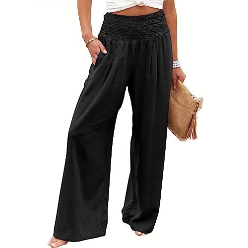 ANRABESS Women Linen Palazzo Pants Summer Boho Wide Leg High Waist Casual Lounge Pant 2025 Beach Travel Vacation Outfits