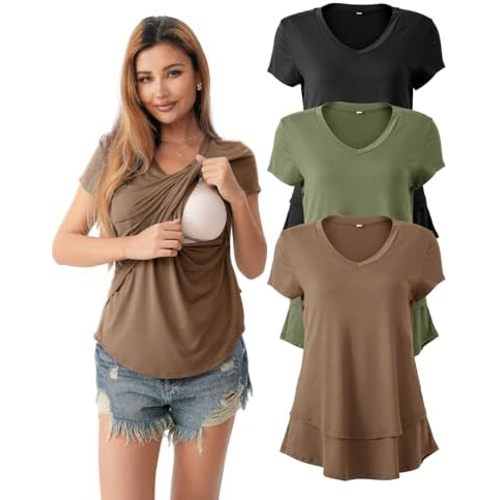 SUNNYBUY 3 Pack Hidden Nursing Tops for Breastfeeding Women Double Layer V Neck Maternity Shirts Postpartum Tee