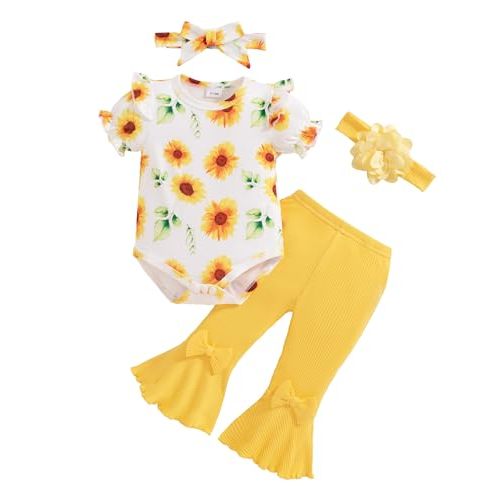 Vibebox Baby Girl Clothes Newborn Preemie Summer Outfits Short Sleeve Ruffle Romper Tops Bell Bottoms Pant Sets with Headband