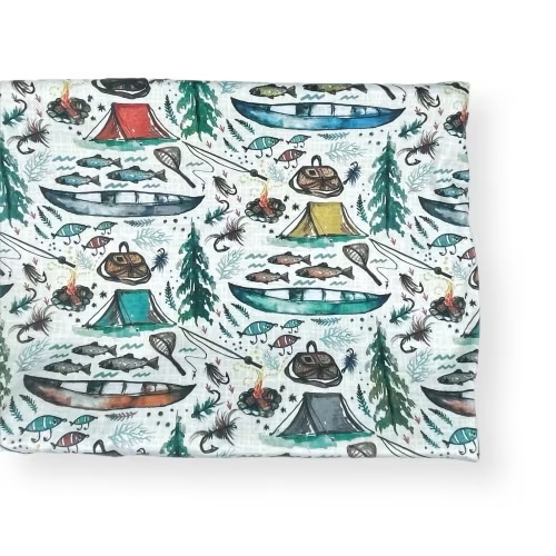 Crib Sheet or Changing Pad Cover- LAKE HOUSE FISHING- Boy Bedding- Adventure Bedding- fish- camping- boats- trout- gray- blue- sheet