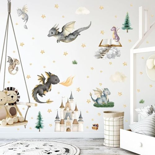 Dragon Wall Stickers,Peel and Stick Colorful Flying Dragon,Castles, White Clouds, Stars.Tree Self-Adhesive Mural，Removable Wall Sticker for Living Room Baby Nursery Kids Room Wall Decor (Multicolored)