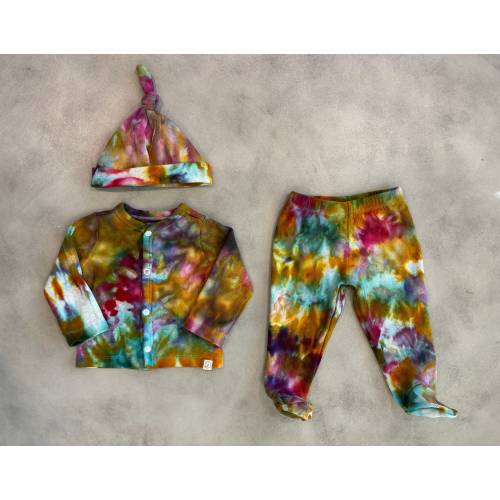 Ice Tie Dyed 3 piece Baby Outfit 9m I Cardigan + Footie Pants + Knot Hat