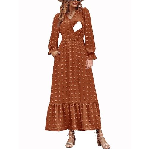 CzzzyL Women Nursing Boho Maxi Dress 2024 V Neck Swiss Dot Smocked High Waisted A-Line Ruffle Tiered Long Dress with Pockets