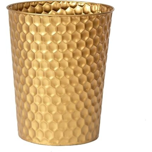 Venalys Small Metal Trash Can Wastebasket, Decorative Honeycomb Garbage Can Waste Basket, Modern Farmhouse Round Trash Bin for Bathroom, Bedroom, Kitchen and Office (Gold)