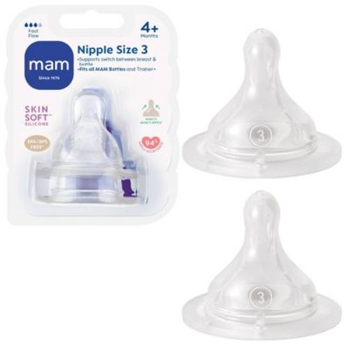 MAM Fast Flow Bottle Nipples - 2ct: Silicone, Level 3, BPA-Free, Compatible with MAM Bottles, Clear