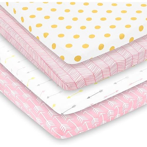 Pack n Play Sheets – Premium Pack and Play Sheets 4 Pack – 100% Super Soft Jersey Knit Cotton Playard Mattress Sheets – Portable Playpen Fitted Play Yard Mini Crib Sheet for Girl (24 x 38 x 5)