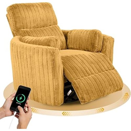 leovanni Power Swivel Rocker Recliner Chair, USB Ports Electric Nursing Reclining Chairs Upholstered Nursery Glider Rocking Chair with 2 Pillows for Bedroom Living Room, Yellow