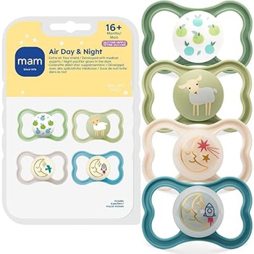 MAM Air Pacifier for Babies 16+ Months, Extra Air Flow for Sensitive Skin, Glows in The Dark, Developed with Medical Experts, BPA-Free Skin Soft Silicone, 4 Count, Made in Europe