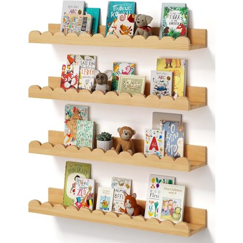 Scalloped Baby Book Shelf,Floating Shelves for Wall Set of 4 Natural Solid Pine Wood Nursery Bookshelves with Wave Lip for Bedroom Kids, Toddler Room, Baby Room, Nursery Decor(Natural,40cm)