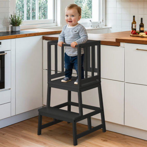 Harriet Bee Anti-tip Kids Kitchen Step Stool, Natural-bamboo Toddler Standing Tower With Anti-drop Bar & Reviews | Wayfair