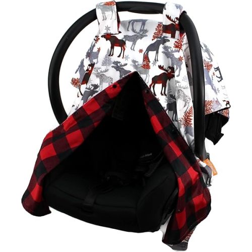 Dear Baby Gear Car Seat Canopy - Unisex Infant Car Seat Cover - Soft and Breathable Fabric - Fits Most Carseats - Winter Moose/Red Black Plaid - 40"x30"