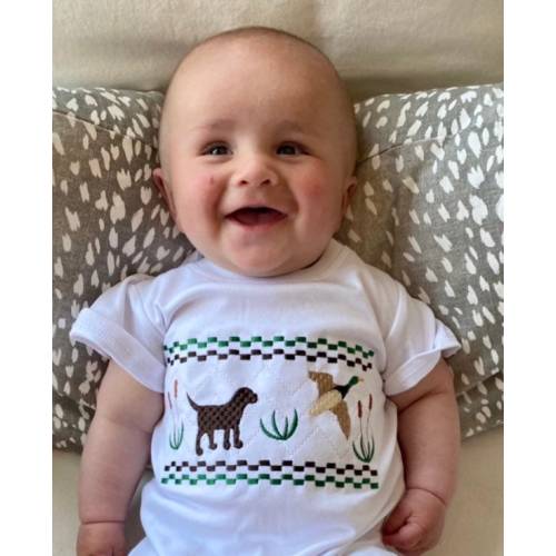 Embroidered hunting romper, Faux smocked duck & lab shirt, Boy dog shirt, baby boy hunting outfit,Duck hunt bubble,faux smocked lab and duck