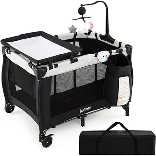 INFANS 3 in 1 Pack and Play, Portable Travel Baby Bassinet with Detachable Mattress, Changing Table, Foldable Playpen with Carry Bag, 2 Wheels (Morden)