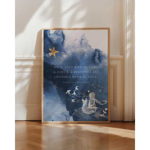 Le Petit Prince French Quote Poster, Antoine de Saint-Exupéry Print, French Typography Wall Art, Blue Watercolor Nursery Decor Literary Gift