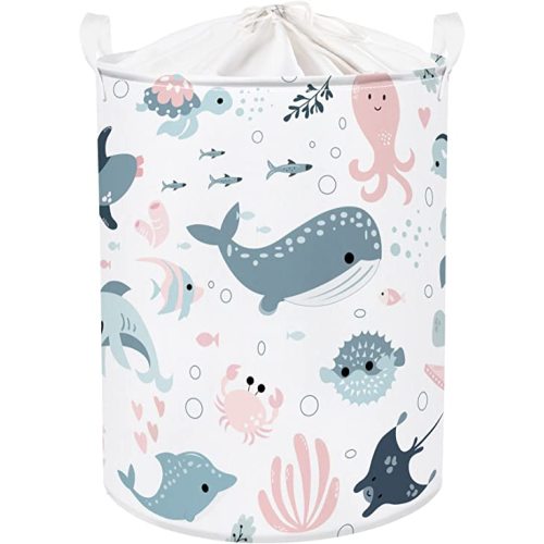 Clastyle Marine Animals Bubbles Kid Laundry Basket with Lid Foldable Sea Shark Dirty Clothes Hamper Round Toy Clothes Pool Beach Towel Basket, Pink Mermaid, 40 * 50 cm