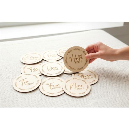 Baby Milestone Wooden Discs, Newborn Photo Props, Monthly Age Milestones 12 Month Set + Hello World/Salaam World, New Parent Gift Ideas
