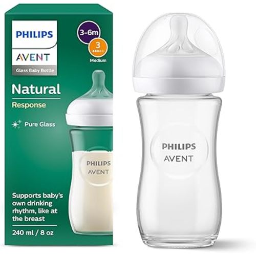 Philips Avent Natural Response Glass Baby Bottle 8oz/240 ml with Medium Flow Teat (Flow 3), SCY933/01