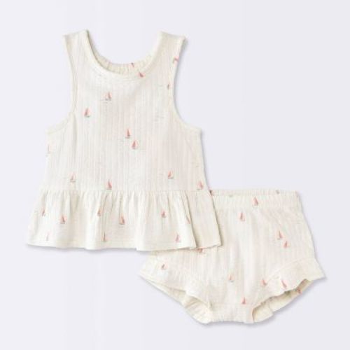 Baby Girls' 2pc Boat Graphic Peplum Tank Top and Ruffle Shorts Set - Cloud Island™ Cream 3-6M