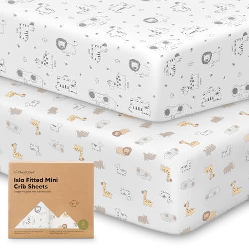 Pack and Play Sheets Fitted - 2-Pack Mini Crib Sheets for Pack N Play Mattress, Soft & Cozy, Neutral Toddler Playard Bedding, Snug Fitted Mini Baby Crib Mattress Cover Set for Boys, Girls (KeaSafari)