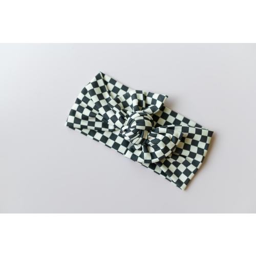 Black and White Checkered Baby Head Wrap, Trendy Newborn Girl Turban, Race Day Tie-on Adjustable Bow, Soft and Stretchy Toddler Headband