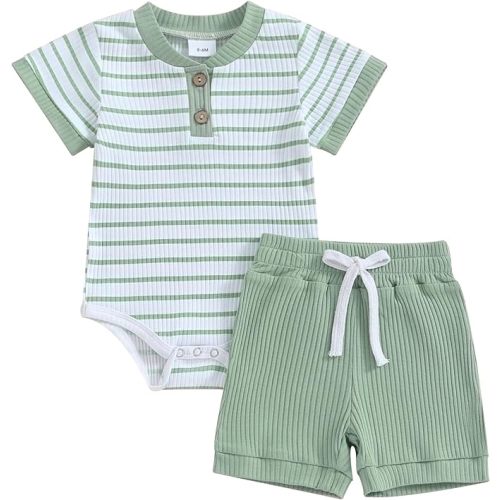 Newborn Baby Boy Girl Clothes 3 6 9 12 18 Months Ribbed Knit Short Sleeve Romper Shorts Set Infant Summer Outfits