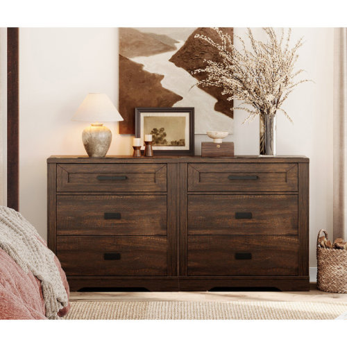 Gracie Oaks Laziza Dresser for Bedroom with 6 Drawers,Farmhouse Modern Closet Storage Organizer, Chest of 6 Drawers with Metal Handles, Solid Wood Dresser for Living Room, Nursery | Wayfair