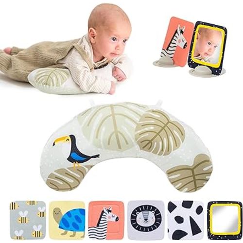Taf Toys Tummy Time Set with Ergonomic Pillow, Double-Sided High Contrast Black & White Flash Cards & Mirror Card, Developmental Baby Play Mat Accessories & Card Stands for Newborn Infant Tummy Time