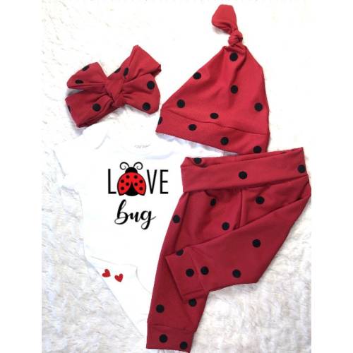 Love Bug Baby Girl Outfit: Ladybug Bodysuit, Leggings, Hat & Headband