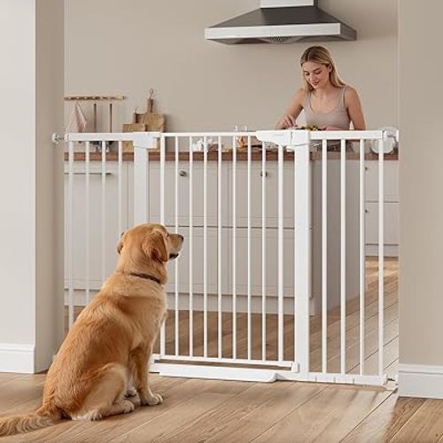 Cumbor 36" Extra Tall Baby Gate, 30-54" Wide Dog Gates for Large Dogs, Dual Lock & Self-Closing Child Gate for Stairs, Doorways & Hallways, Pressure Mounted Safety Proofing for Babies & Pets, White