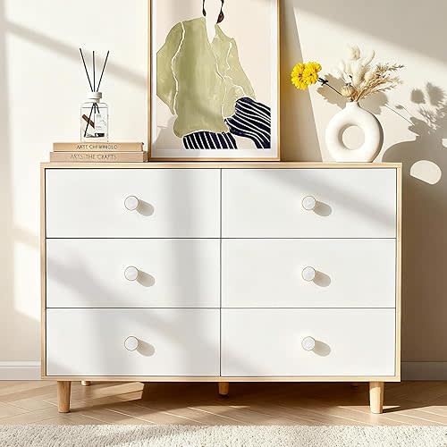 BERRY NEST White Dresser for Bedroom, 6 Drawer Dressers with Solid Wood Legs, Baby Dresser for Kids, Storage for Clothes and Baby Essentials