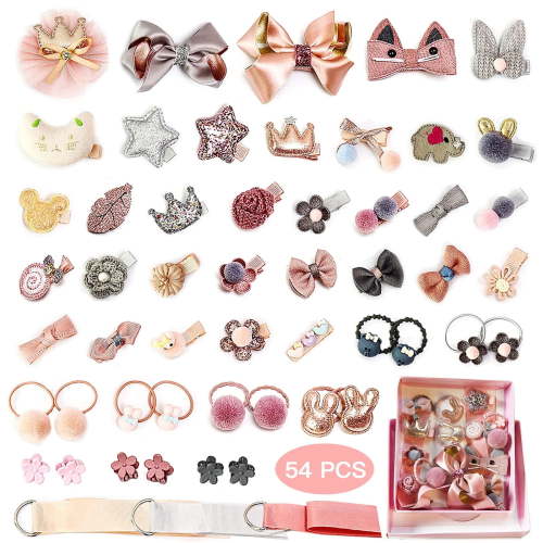 ZYNERY Baby Hair Clips and Hair Ties, 54pcs Cute Bow Hairpins Elastic Hair Bands Holders, Hair Accessories for Baby Girls Toddlers (Pink Grey Orange)