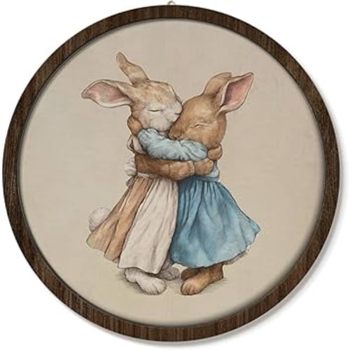VONTP Vintage Bunny Rabbit Mom and Baby Round Wall Art, Rustic Cottagecore Rabbit Kids Decor, Pictures Wall Decor for Toddler Baby Girls Kids Room Nursery Playroom, 10x10 Inch