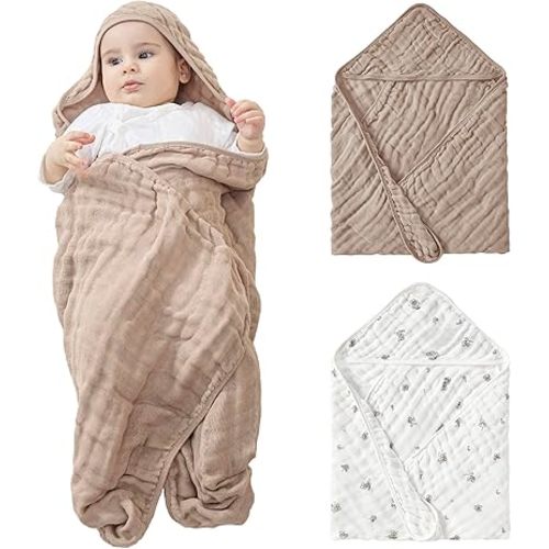 JELLYMONI Muslin Baby Hooded Bath Towels for Newborn, 2 Pack 100% Cotton Baby Bath Towel with Hood for Baby, Infant, Toddler and Kids, Large 32 x 32 Inch Baby Bath Towels Soft and Absorbent