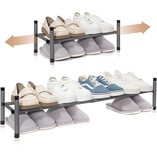 STORAGE MANIAC Expandable Shoe Rack, 4 Pairs Stackable Small Shoe Rack, Metal Adjustable Shoes Organizer for Closet, Entryway, Hallway, Garage, Front Door, Shoes Shelves, Black 1 Tier