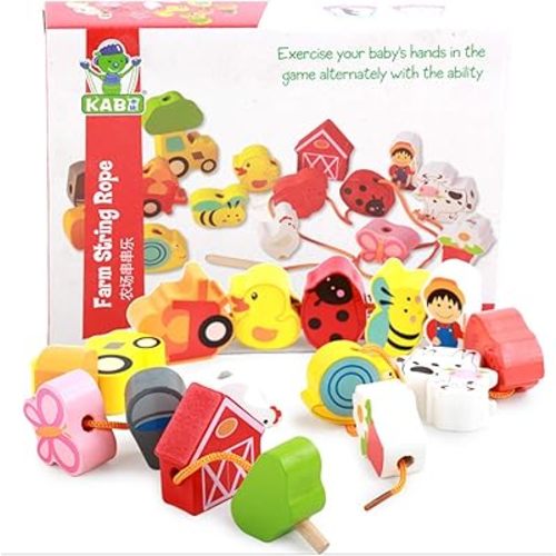Lacing Farm Toy Wooden Block Set, Early Educational Toys String & Lacing Beads Games for Toddlers Kids Farm Animal Learning Play Set (16 Pieces)