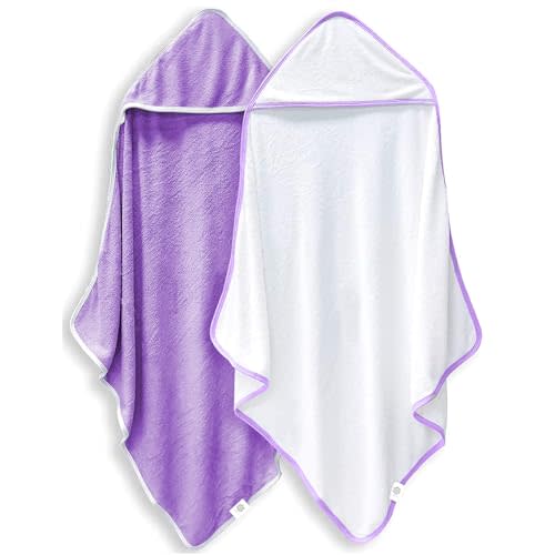 2 Pack Baby Bath Towel - Rayon Made from Bamboo, Ultra Soft Hooded Towels for Babies,Toddler,Infant - Newborn Essential -Perfect Baby Registry Gifts for Boy Girl (White and Violet, 30 x 30 Inch)
